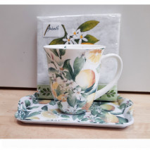 Ensemble mug, plateau et serviettes citrons