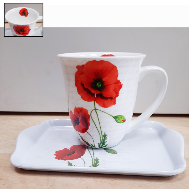 Ensemble mug décor fraises et plateau - Porcelaine des Pins